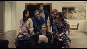 (L-R) Cindy Cheung as "Karen," Dean Wareham as "Harold," Matthew Shear as "Tony," Greta Gerwig as "Brooke," Michael Chernus as "Dylan," and Heather Lind as "Mamie-Claire" in MISTRESS AMERICA. Photo courtesy of Fox Searchlight Pictures © 2015 Twentieth Century Fox Film Corporation All Rights Reserved